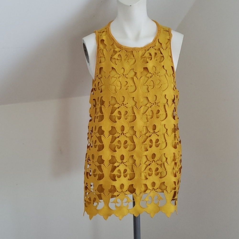 LOFT Mustard Yellow Laser-Cut Sleeveless Shell
